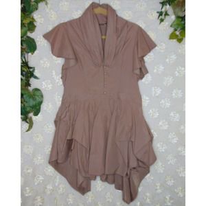 Duo | Women's Dress Flutter Sleeves Brown Ruffle Skirt Buttons Size Large